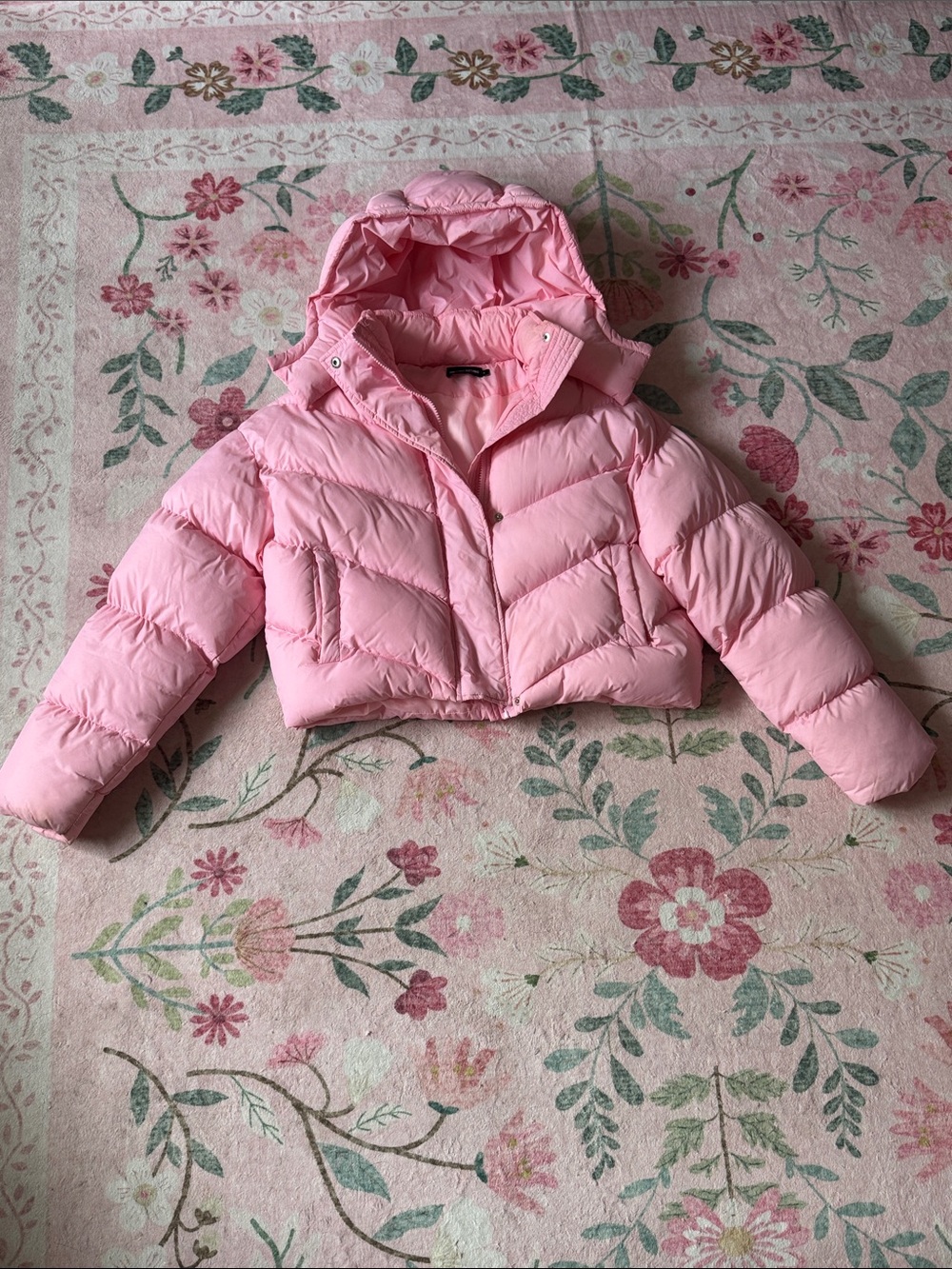 Pink Cropped Puffer Jacket Oversized Hood Size Small